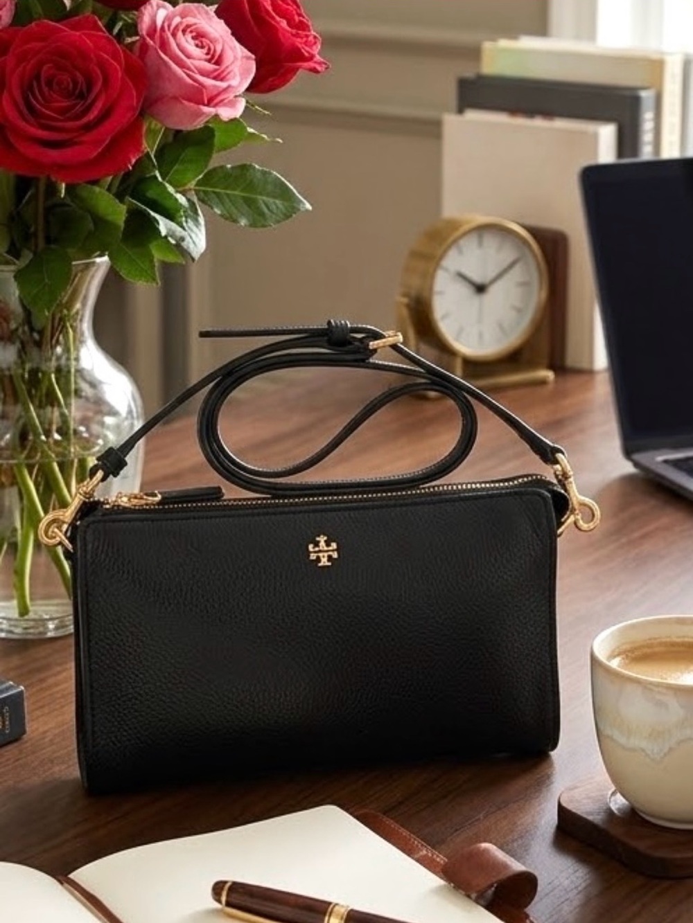 Tory Burch Mercer Pebbled Leather Zip Crossbody Bag Black Gold Hardware